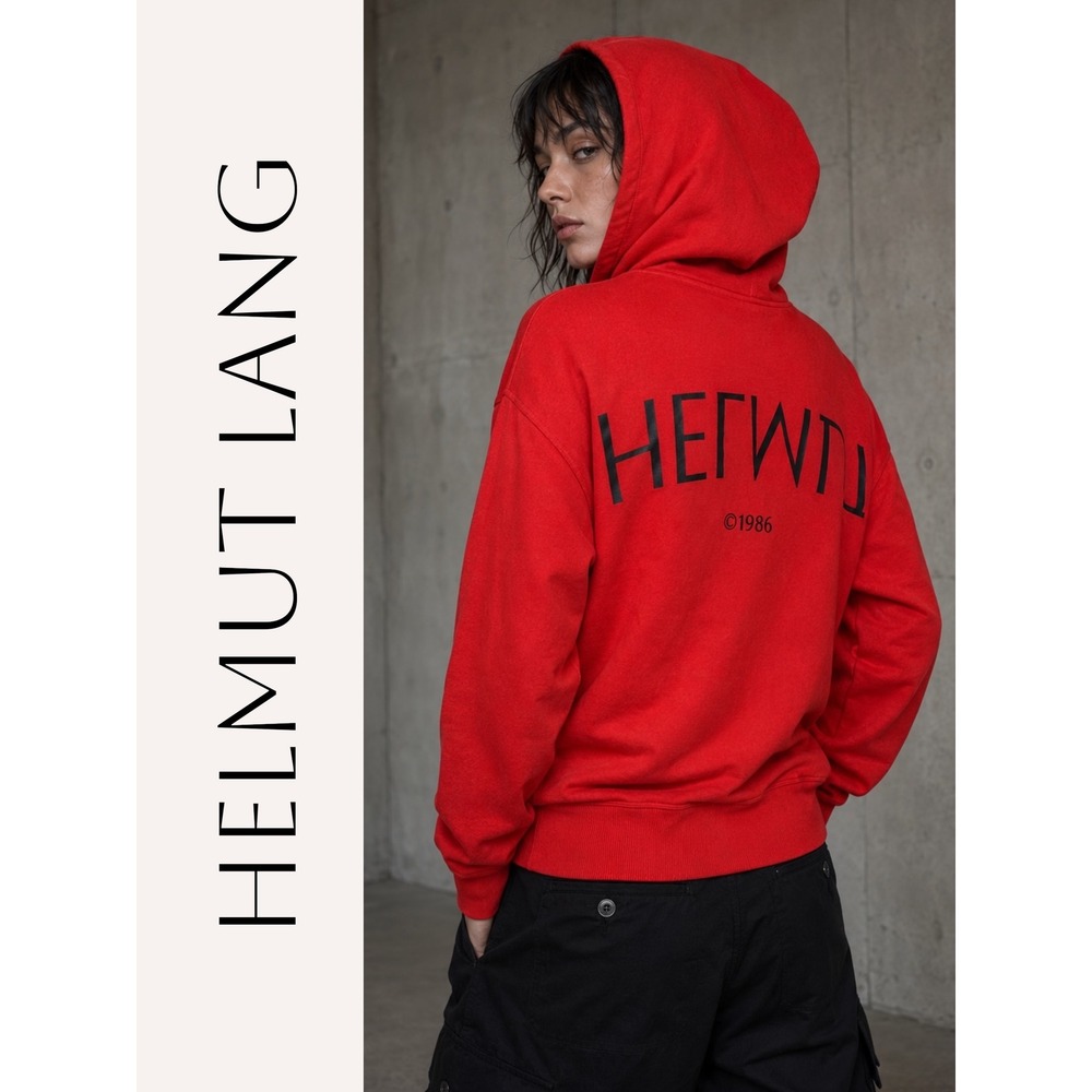 Helmut Lang Lava Red French Terry Hoodie 1986 Graphic Sweatshirt Small